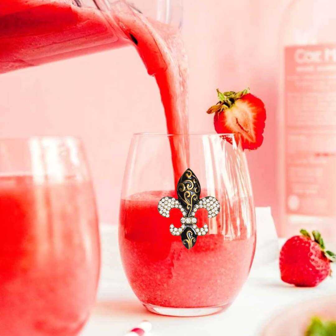 Gold Swirl Fleur De Lis Jeweled Stemless Wine Glass