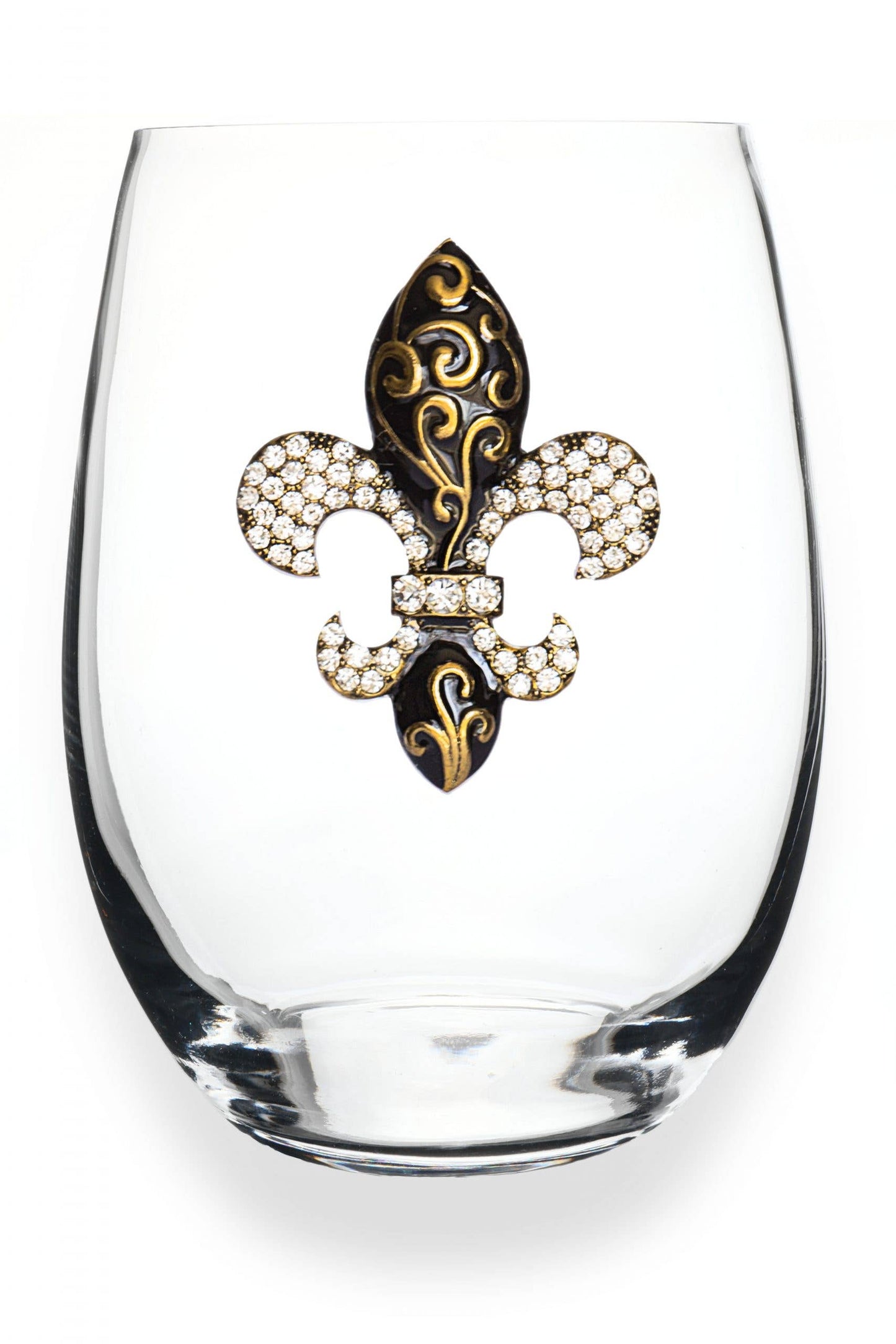 Gold Swirl Fleur De Lis Jeweled Stemless Wine Glass