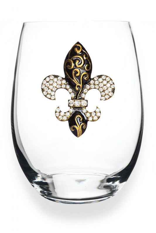 Gold Swirl Fleur De Lis Jeweled Stemless Wine Glass